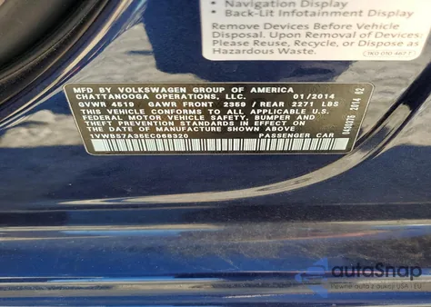 2014 Volkswagen Passat Se z USA, uszkodzony, nr VIN 1VWBS7A35EC068320